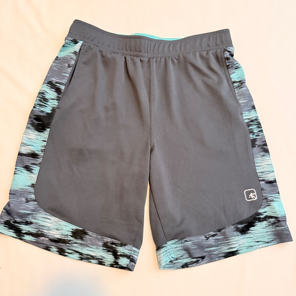 AND1 Basketball Shorts Mens Large Gray Teal Abstract Graphic Mesh Athletic